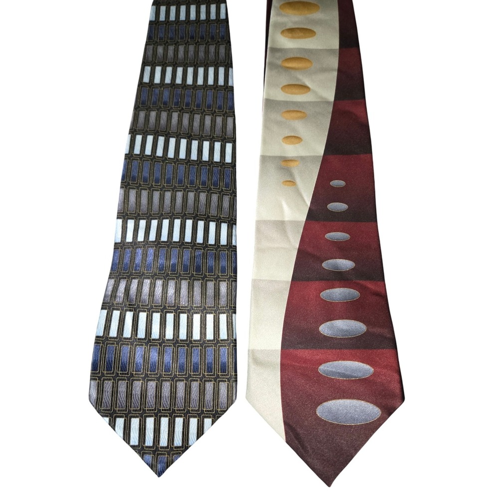 Renzo Silk Mens Neckties Geometric Stripe Oval Pattern Set of 2